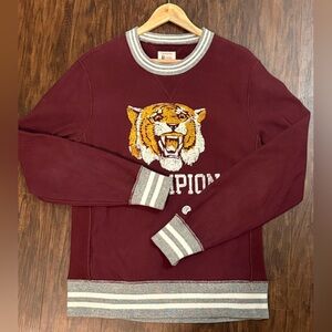 Todd Snyder x Champion - Retro Tiger Burgundy & Gray Striped Crewneck Sweater